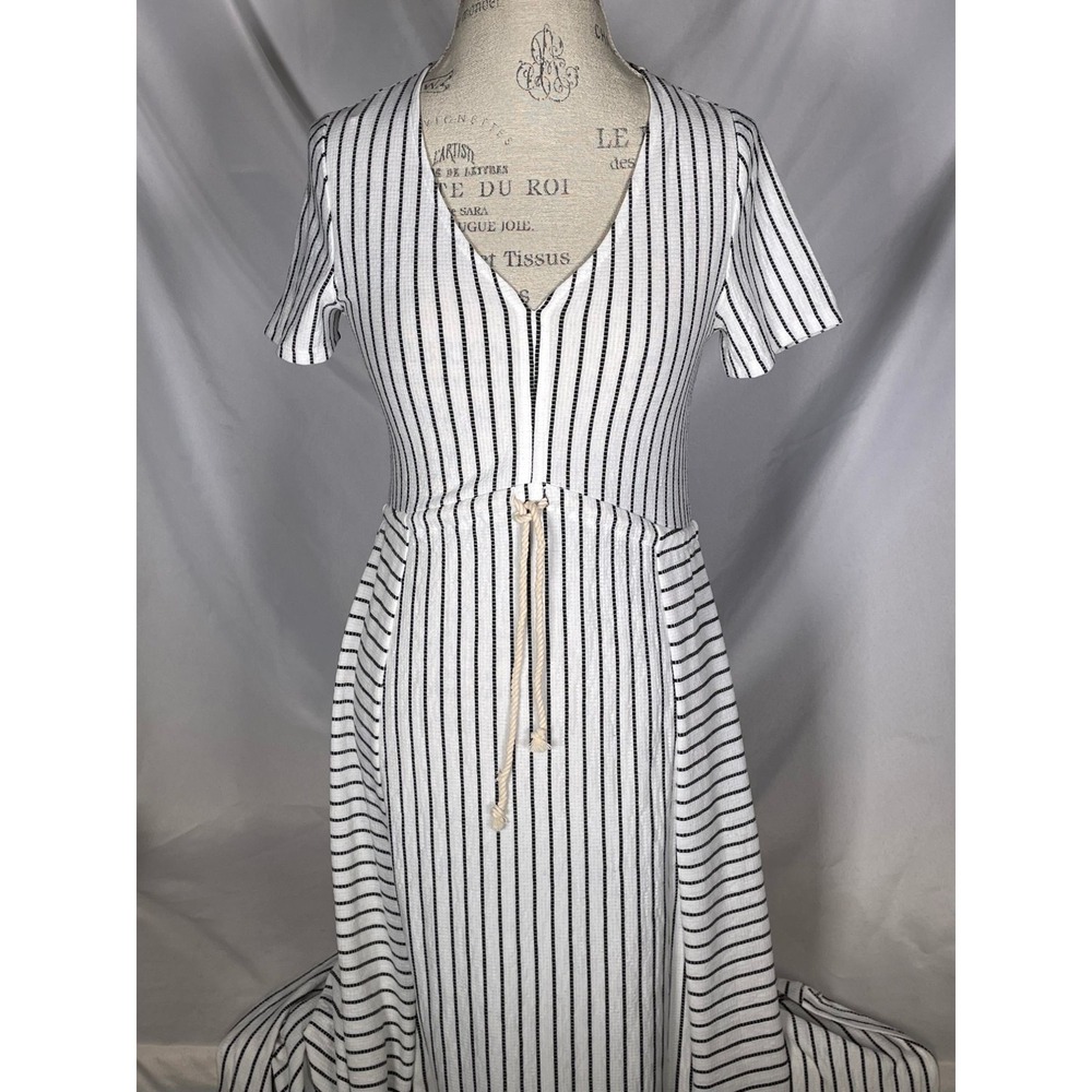 Mikey & Joey Coastal Nautical Strip V-Neck Rope Tie Maxi Dress Women's SMALL
